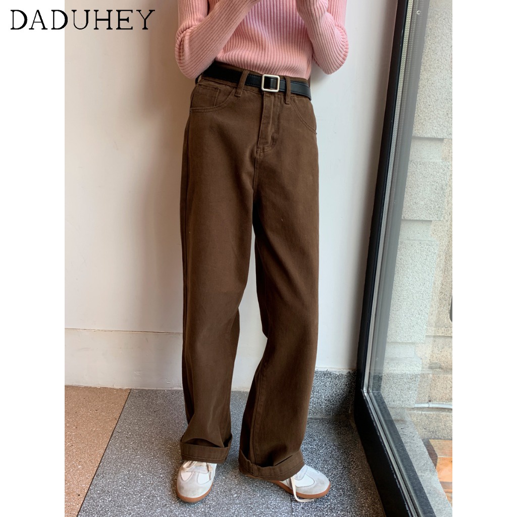 Daduhey Quần jean lưng cao ống rộng tôn dáng 6 màu sắc tùy chọn size S-5XL thời trang