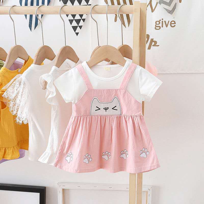 Váy Bé Gái giả Yếm Ngắn Tay Xanh Hình Mèo , Chất Cotton Thấm Hút Mồ Hôi