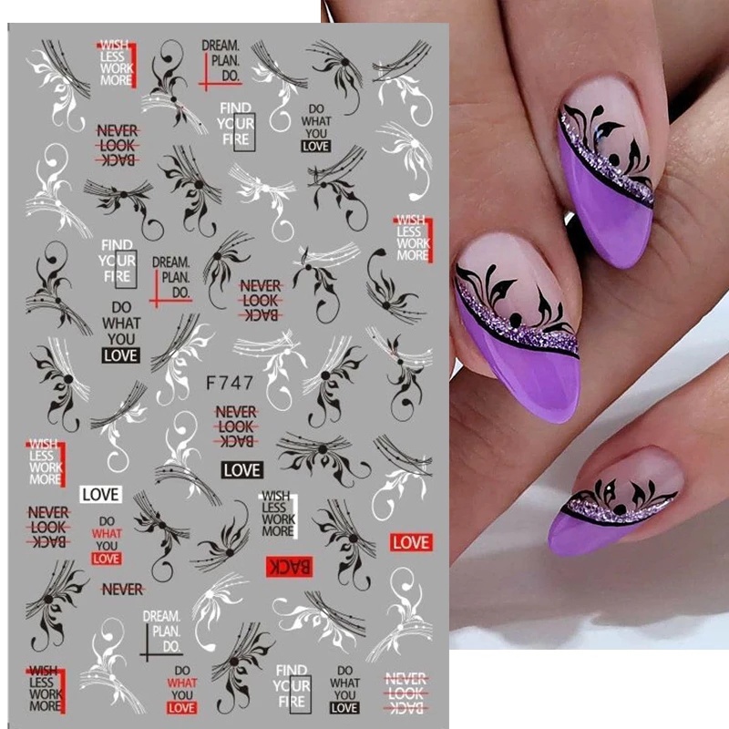 1 Miếng Dán Trang Trí Móng Tay Hình Hoa Hồng Và Bướm Màu Trắng Đen