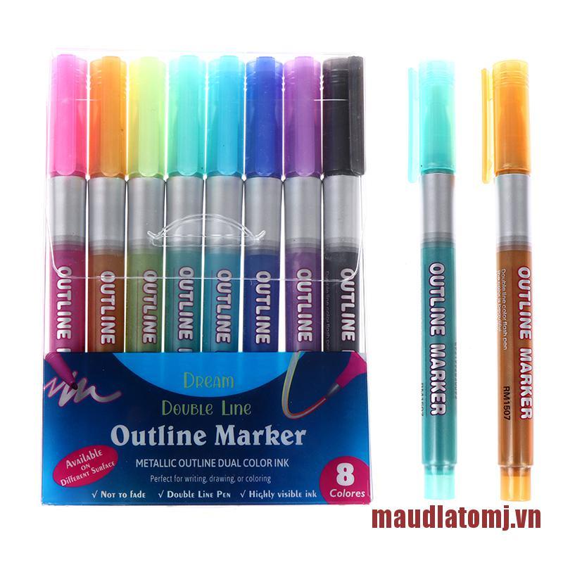 ATOMJ 8pc Color Card Writing Drawing Double Line Outline Pen Highlighter Mark