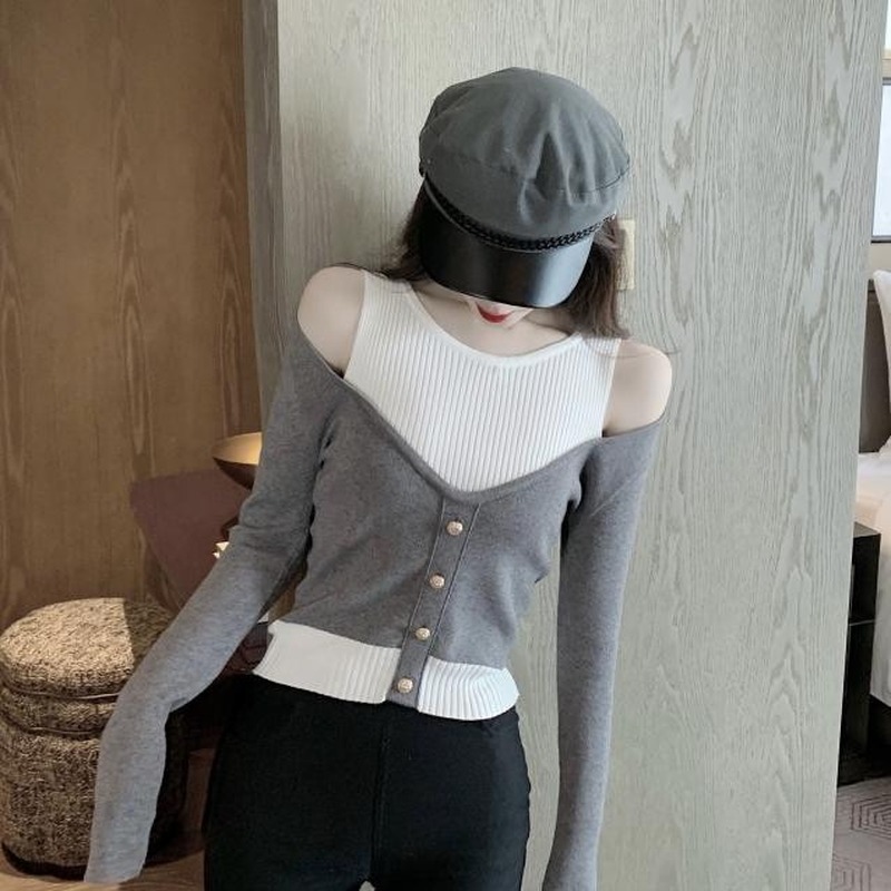 Áo Sweater Tay Dài Hở Vai Dáng Ôm Màu Sắc Tương Phản Phong Cá ch Quyến Rũ 827