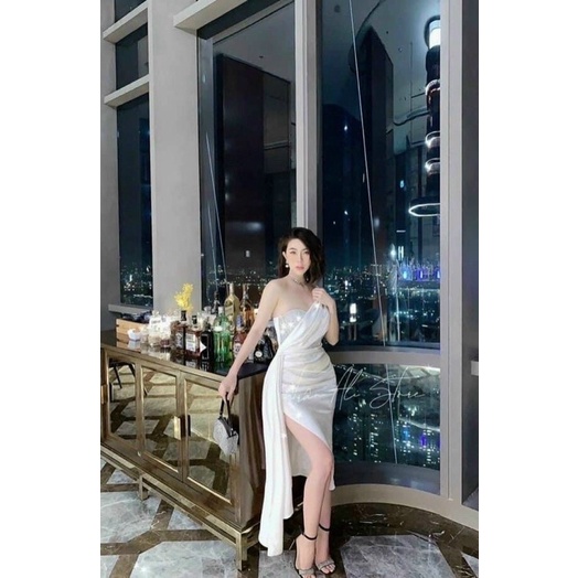 đầm body lệch vai cột nơ eo