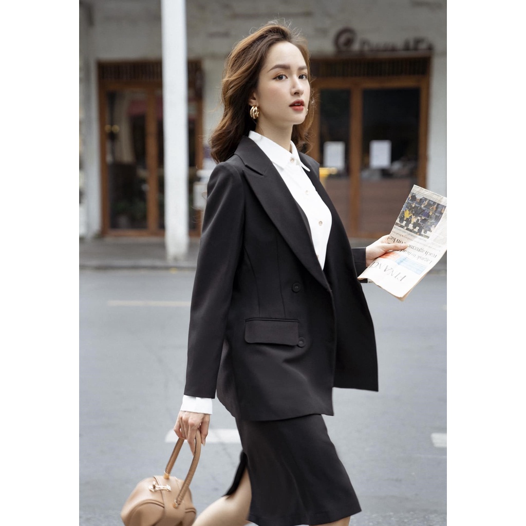 Áo blazer cổ ve nhọn tay xẻ 3 khuy thân chiết ly TIIN STORE ADK228
