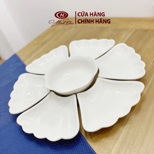 Bộ bát đĩa hoa mặt trời màu trắng - Hàng xuất khẩu Minh châu. Bộ bát đĩa thắp hương thờ cúng đẹp.
