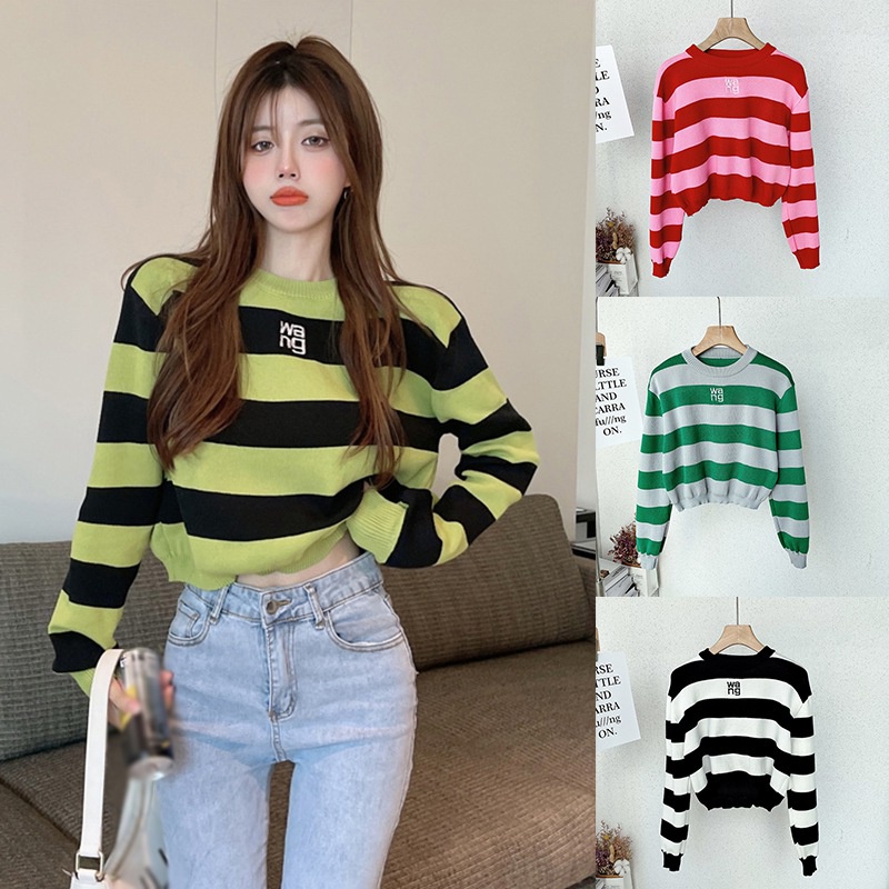 Áo thun dài tay dáng lửng họa tiết kẻ sọc ngang thời trang trẻ trung cho nữ