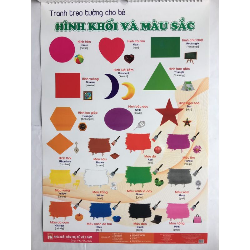 Bộ tranh song ngữ dạng cuốn lịch 6 tờ - 14 chủ đề chữ cái con vật hoa quả màu sắc treo tường cho bé