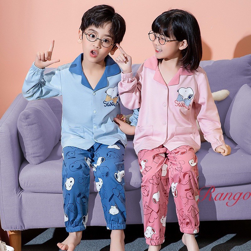 Bộ pijama dài tay cho bé trai bé gái diện đồ đôi xinh xịn chất cotton 4c mịn đẹp size 10-48kg