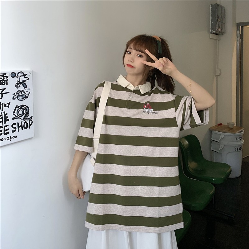 Áo Phông Ulzzang Tay Lỡ Sọc Ngang- Có Cổ