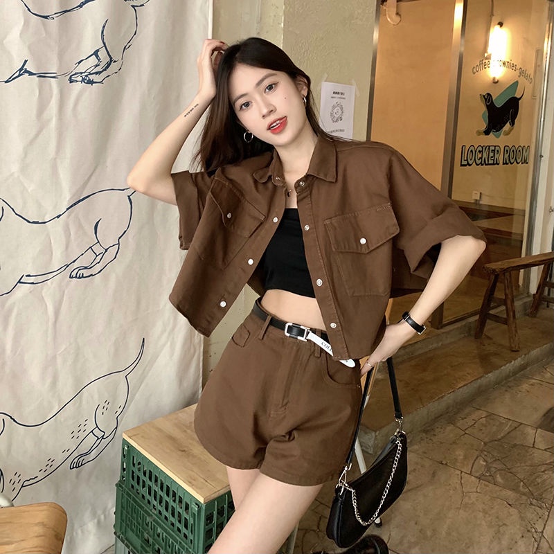 Denim suit women's summer vintage polo collar short-sleeved jacket + fashion wide-leg shorts one piece / two-piece set