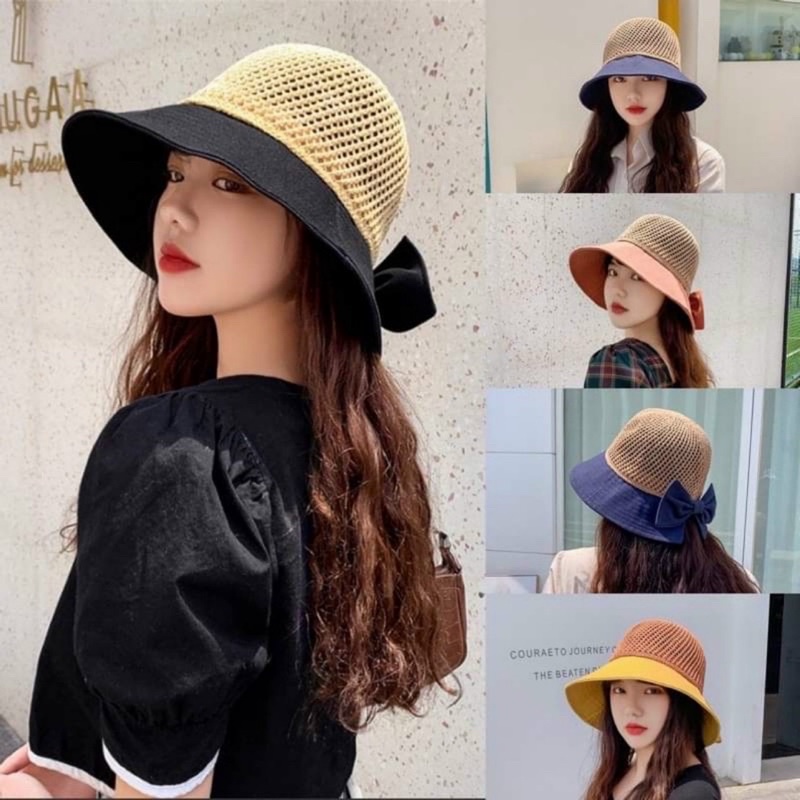 Mũ Nón Đội Đầu Che Nắng Đi Biển Có Nơ Xinh Xắn Viền Vải Thoáng Khí
