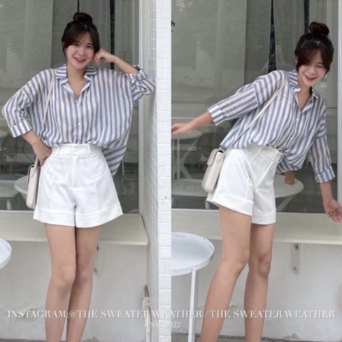Sơ mi kẻ xanh màu hot chất đũi tơ mỏng mát form rộng vanmiushop
