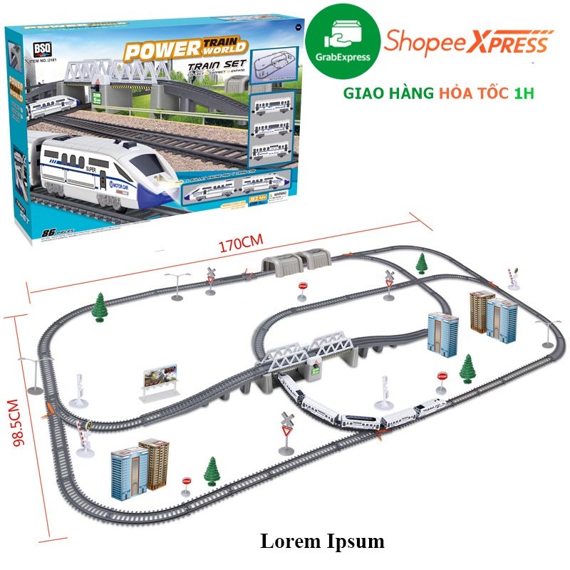 Bộ đồ chơi lắp ráp tàu cao tốc chạy đường ray gồm nhiều chi tiết nhà, đèn báo hiệu (gồm 5 toa tàu) dài 104 cm