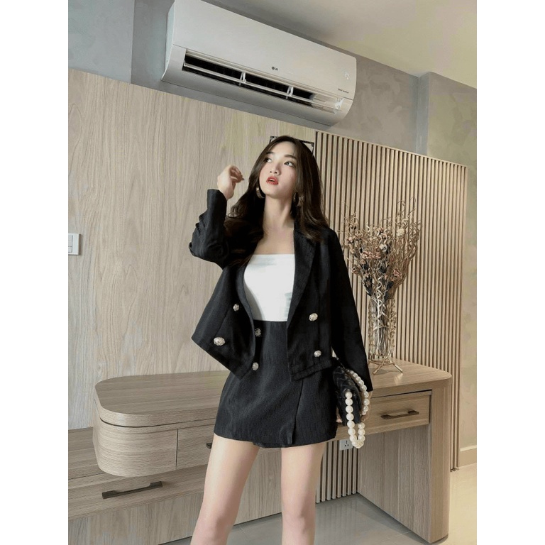 Sét Bộ 3 Món Áo cổ Vest Phối Nút Kết hợp Chân Váy Ngắn Chữ A Chất Tuyết Mưa Mềm Mát Dáng Xinh NEW UNISEX