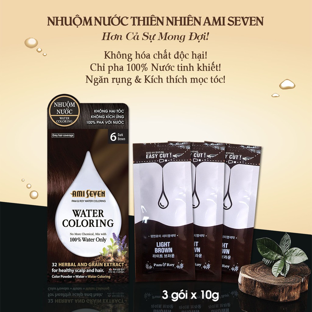 Nhuộm Nước Thiên Nhiên Ami Seven #6 Dark Brown. CHỈ PHA 100% VỚI NƯỚC - Hộp 3 góix10g (30g) + Phụ kiện nhuộm.