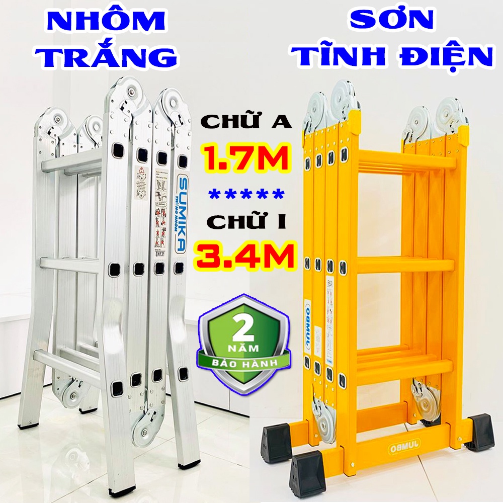 Thang nhôm gấp xếp đa năng Sumika SK603 &amp; SKM203 &amp; Jumbo B303 (3 bậc 4 đoạn) CHỮ A: 1.7M - CHỮ I: 3.4M, bảo hành 2 năm