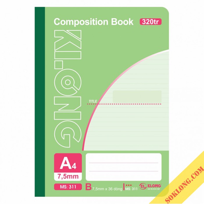 Vở A4 320 trang kẻ ngang may dán gáy Compostion Book, cuốn tập sổ KLong MS 311