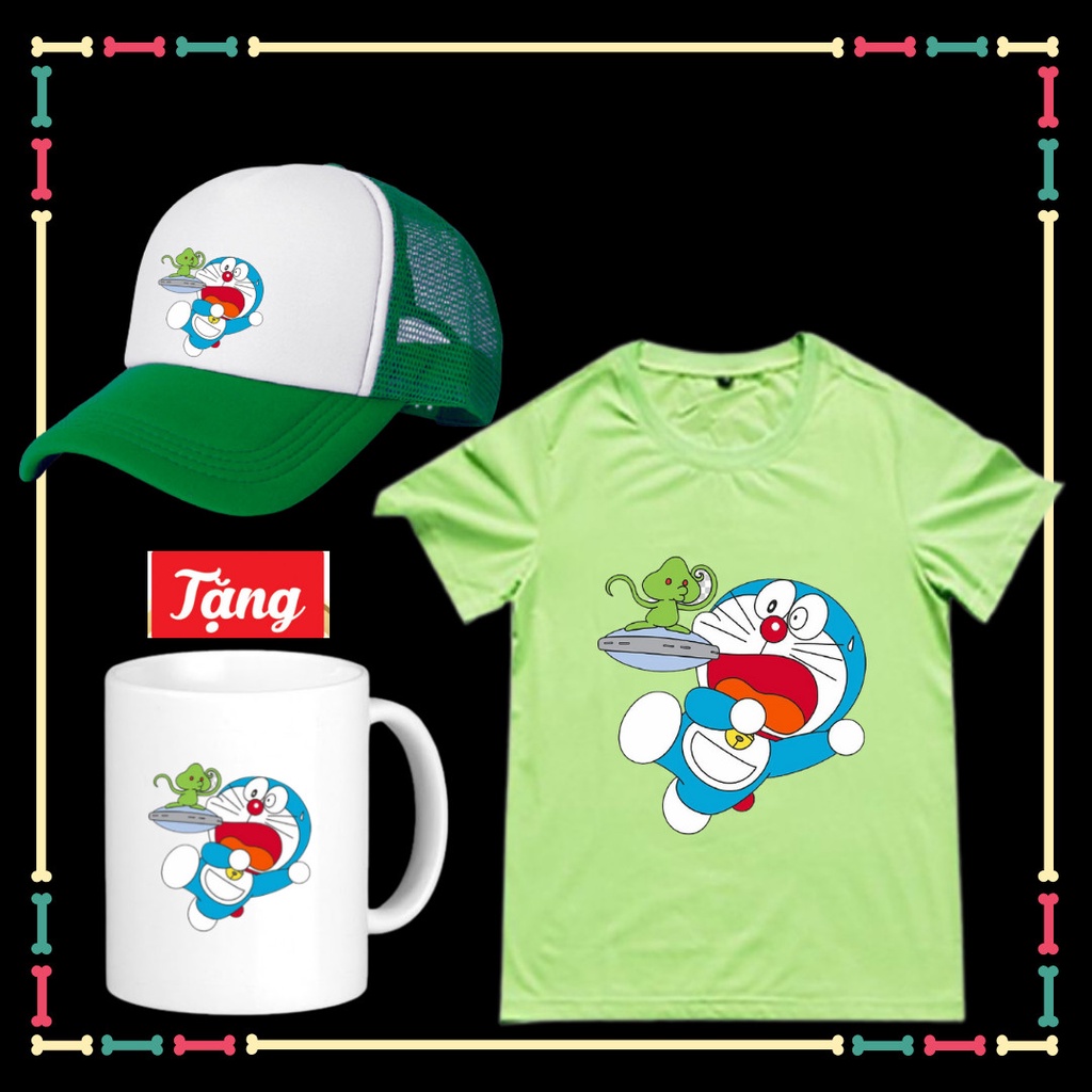 Combo Mũ Áo Doremon cho trẻ em vui nhộn vải co giãn 4 chiều Tặng ly sứ in hình Doremon