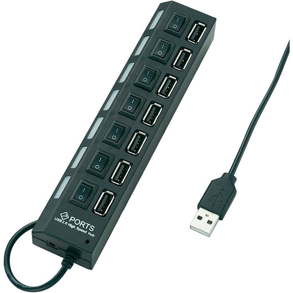 Hub USB 7 port 2.0 có công tắc, có lỗ cắm nguồn phụ