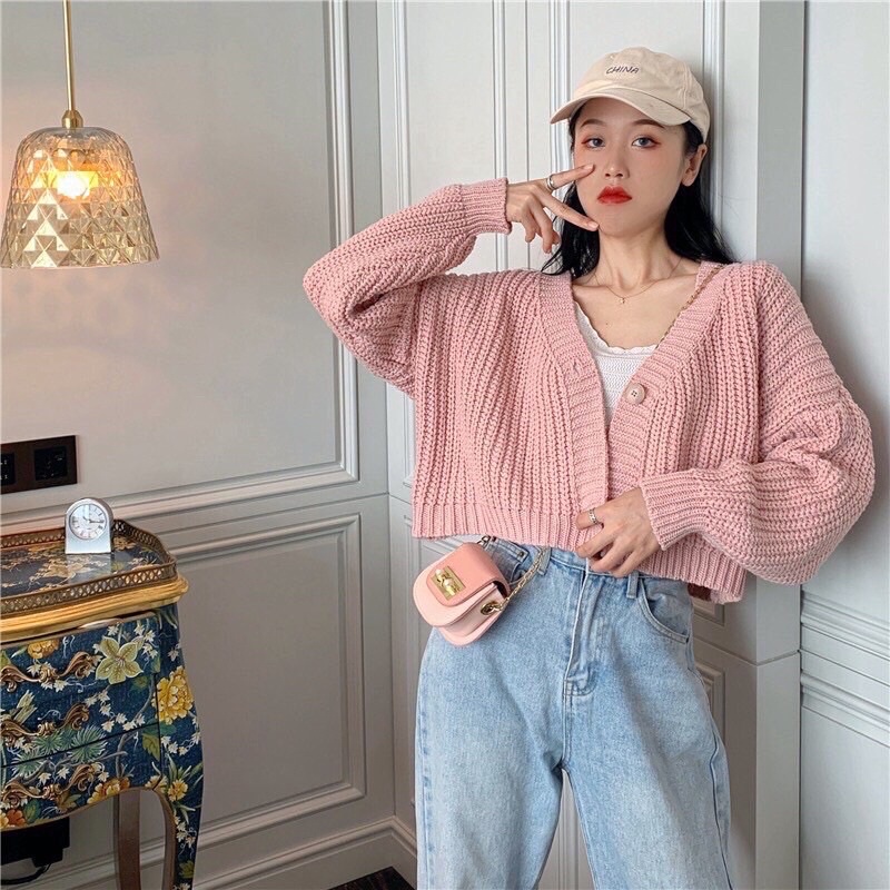 Áo Khoác Len Gài Nút cổ V cổ tim