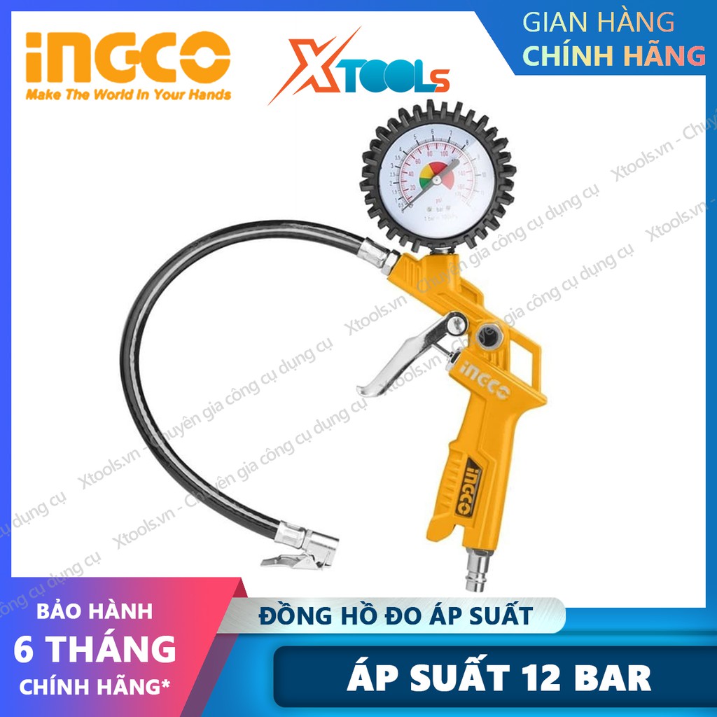 Súng bơm hơi tích hợp đồng hồ đo áp suất khí INGCO ATG0601 12bar bơm nén khí lốp xe đạp xe máy xe hơi hồ bơi nệm hơi