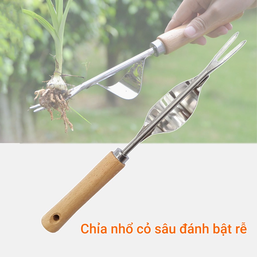 Chỉa nhổ cỏ sâu đánh bật rễ cái bằng thép không gỉ cán gỗ