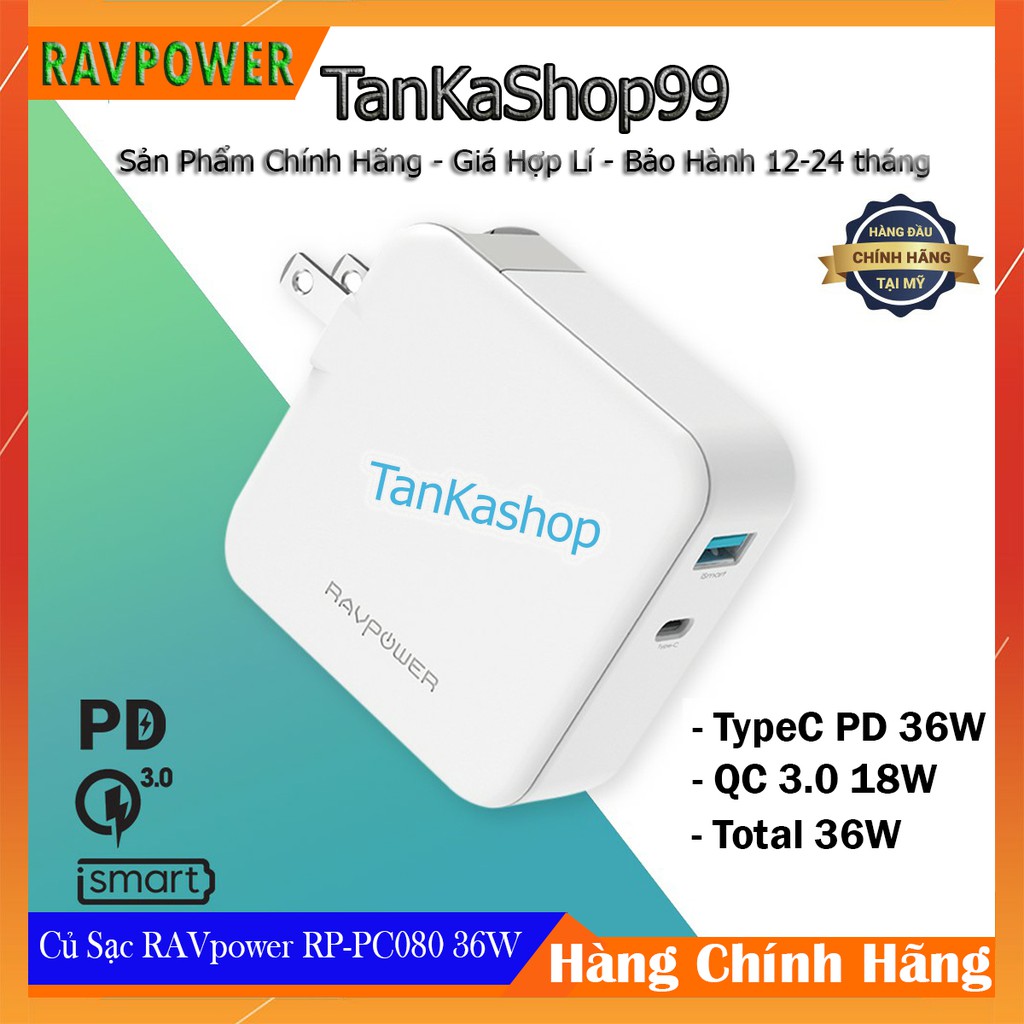 Củ Sạc Nhanh RAVPower RP-PC080 Power Delivery 36W , iSmart 2.0 , QC 3.0 18W