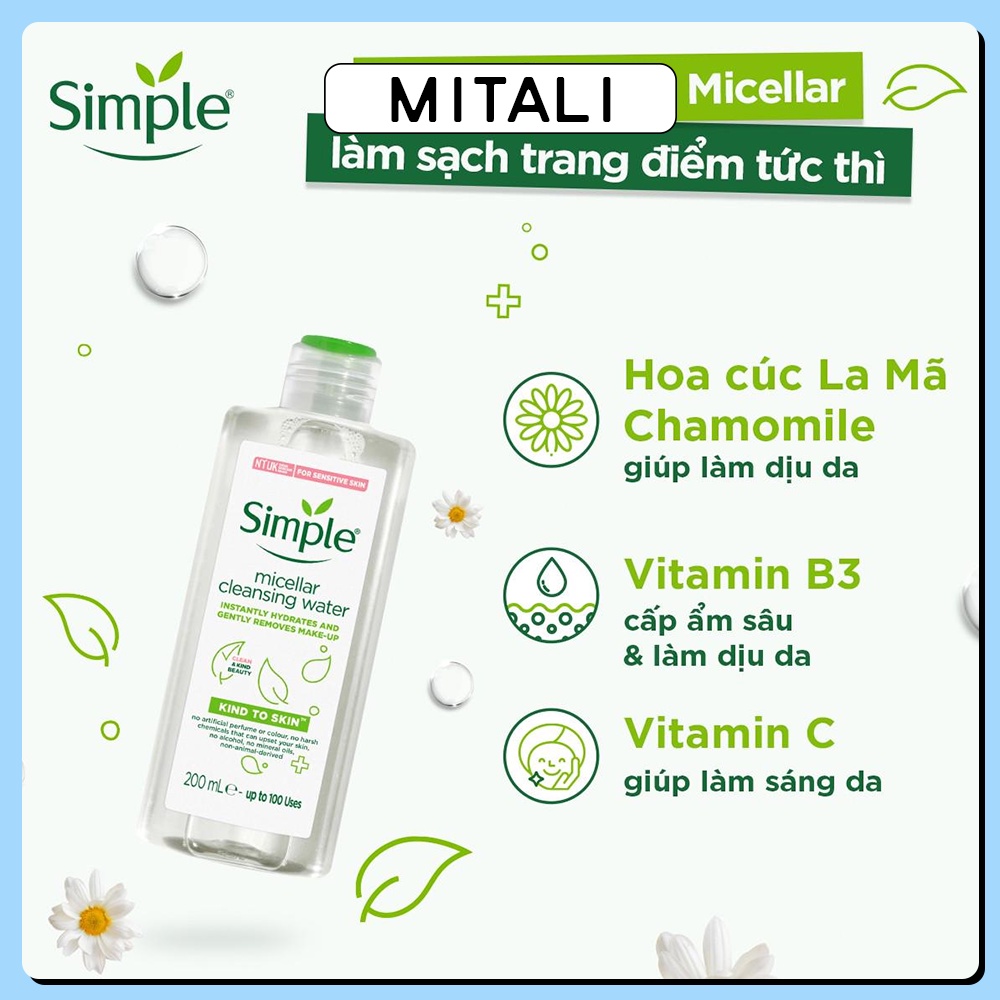 Nước Tẩy Trang Simple Micellar Cleansing Water 200ml , Sạch Sâu Dịu Nhẹ Cho Da Nhạy Cảm MiTaLi | BigBuy360 - bigbuy360.vn