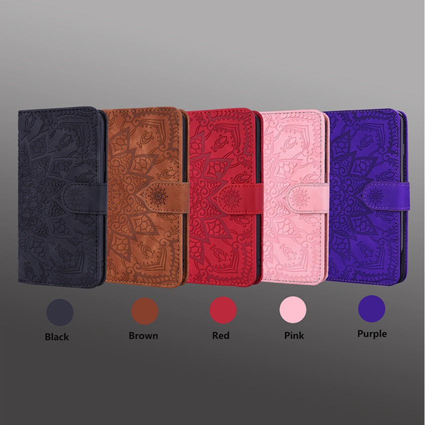 Xiaomi Mi 8 9 9T A3 Note 10 Pro Lite Poco F1 Mandala Embossed Leather Phone Case Magnet Flip Protection Wallet Card Slots Bracket Shockproof Soft Casing Cover Shell