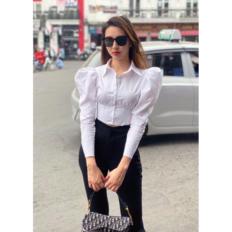 Áo sơ mi croptop vai phồng tay dài màu trắng suystore hàng thiết kế [Ảnh thật] | BigBuy360 - bigbuy360.vn