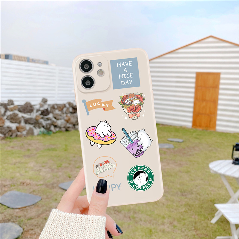 Cartoon Bear Straight Cube Casing for IPhone 11 11Pro 11ProMax 7 8 SE 2020 7Plus 8Plus X XS XR XSmax 12 12Pro 12Promax Full Cover Lens  Matte Soft Cover