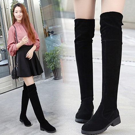 Boot đùi nữ màu đen chất liệu da lộn đế bằng chống trơn trượt siêu hot