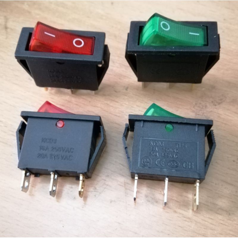 Công tắc bập bênh 2 chế độ(ON-OFF) KCD3-101N 15A-250V có đèn báo đỏ, xanh