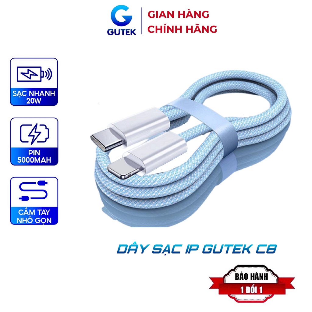 Dây sạc nhanh ip Gutek C8 bọc dù cho 6 7 8 plus xsmax 11 12 13 pro max