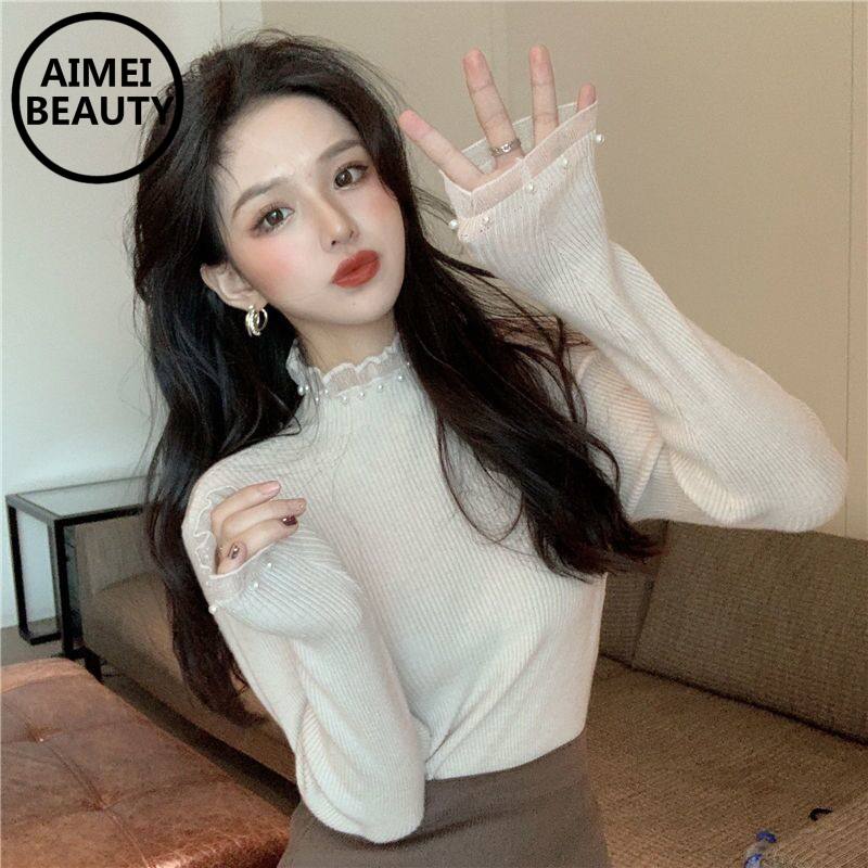 Áo sweater cổ cao dài tay phối ren đính ngọc trai giả phong cách thu đông trẻ trung 2021