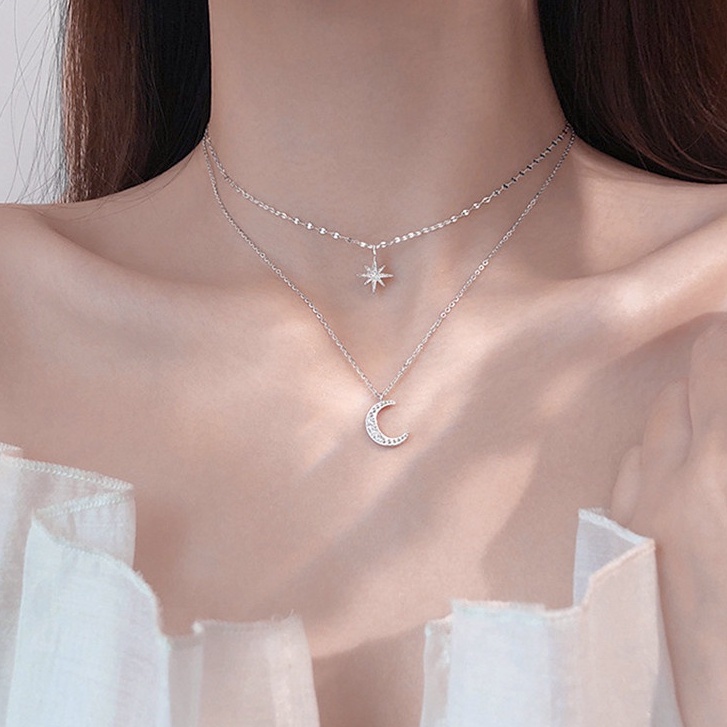 Vòng cổ Hai Lớp Hình Mặt Trăng Ngôi Sao Đính Đá Zircon Phong Cách Hàn Quốc Cho Nữ