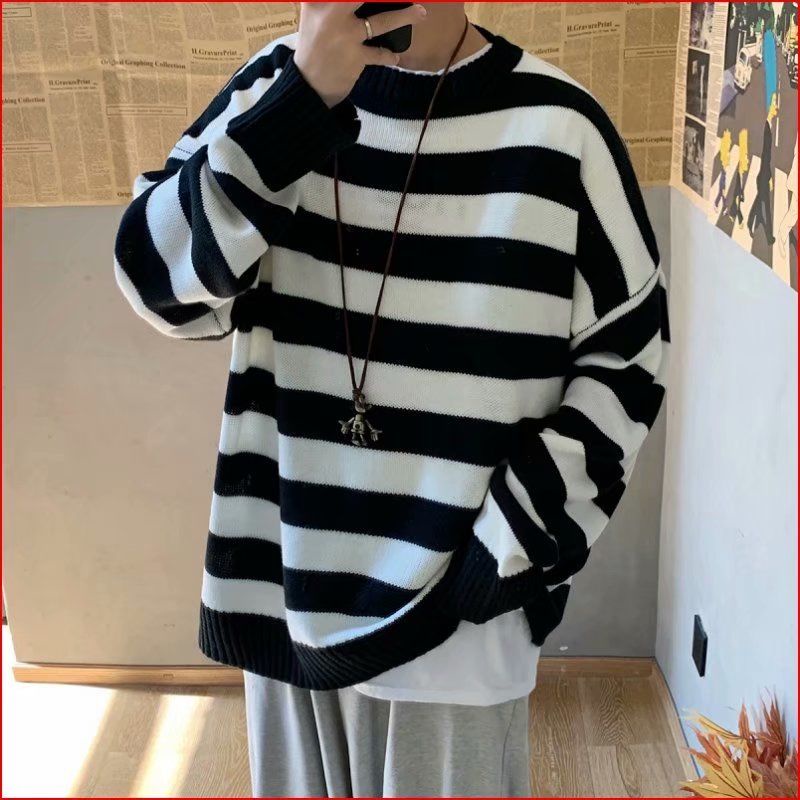 Áo Sweater Cổ Tròn Dáng Rộng Họa Tiết Kẻ Sọc Thời Trang Thu Đông Hàn Quốc Cho Nam