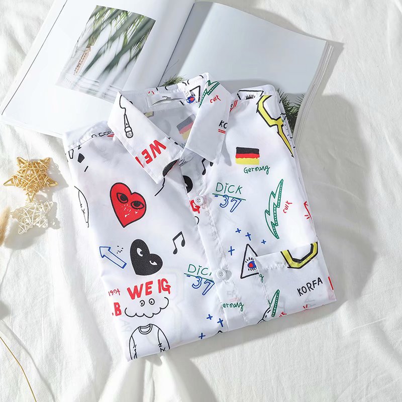 Spot real shot men's new urban fashion all-match style Korean cartoon pattern printing design casual shirt long sleeve shirt
