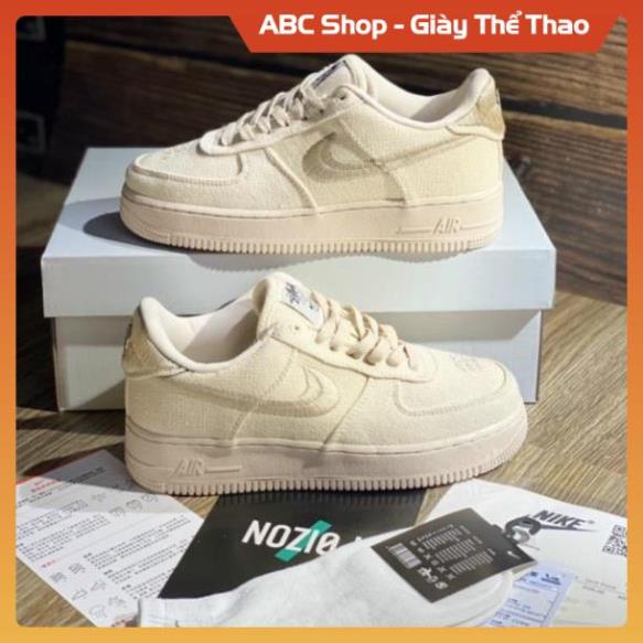 Giày Sneaker cổ thấp AF1 Air Force 1 Stussy Fossil Stone, Giầy AF1 Air Vải Kem đủ bill box