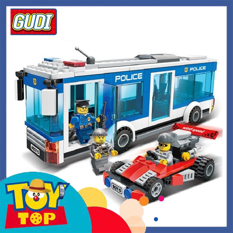 Bộ đồ chơi lắp ráp ghép xe ô tô bus cảnh sát và xe đua của kẻ xấu - xếp hình buýt GUDI 9315