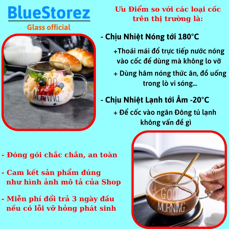 Ly thủy tinh, Cốc thủy tinh GOODMORNING 400ML uống nước cafe cute dễ thương có quai dùng làm cocktail sinh tố BlueStorez