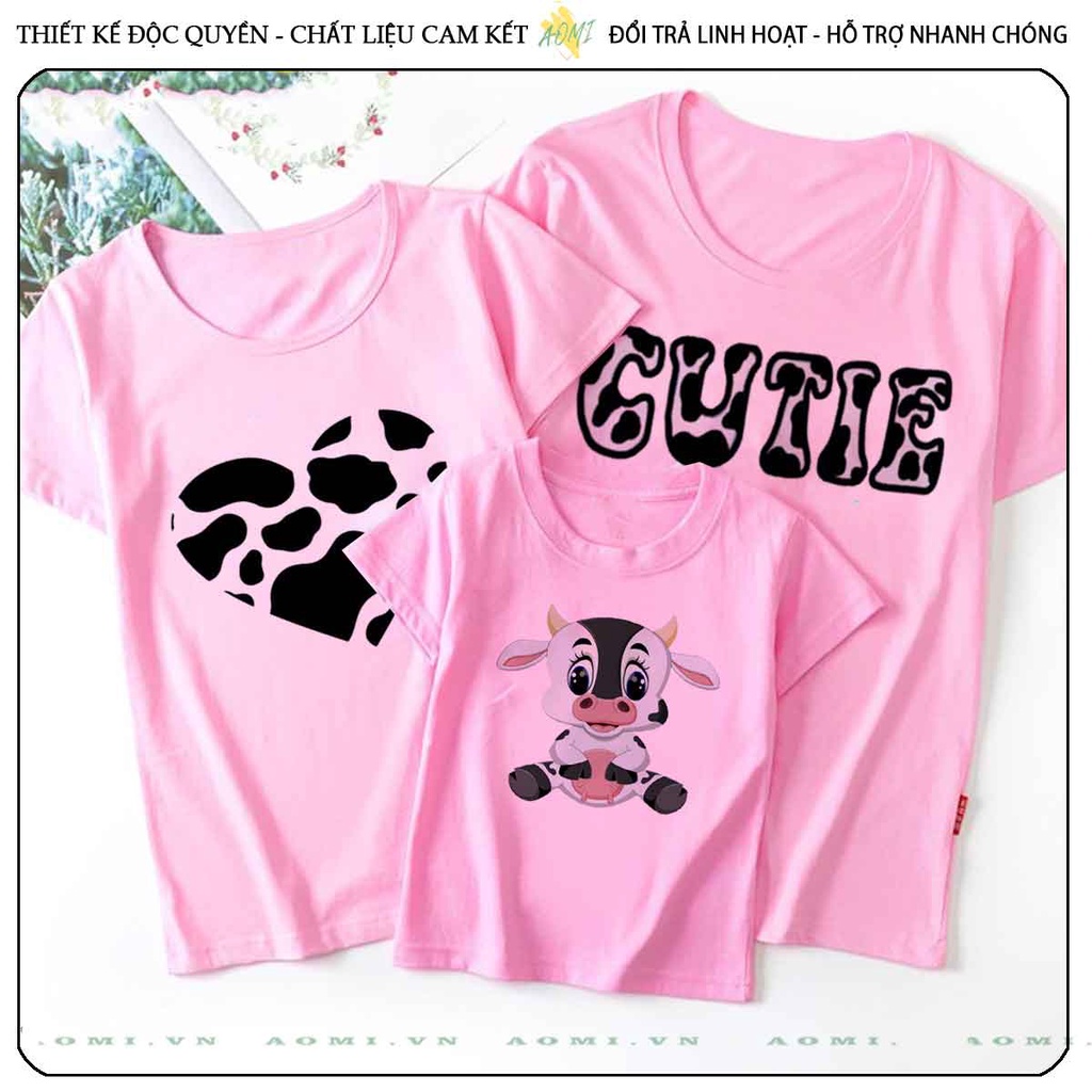 ÁO THUN bò sữa milk UNISEX PHÔNG HỒNG TAY NGẮN NAM NỮ GIA ĐÌNH CẶP ĐÔI SIZE TRẺ EM BÉ TRAI GÁI AOMIVN