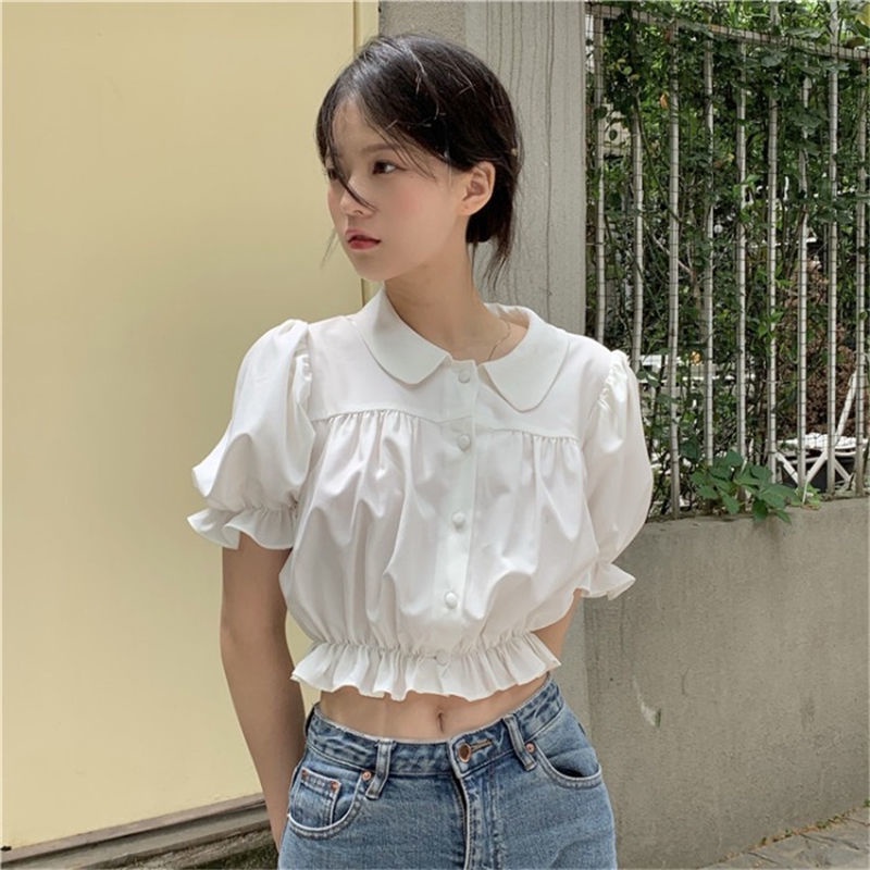 Áo Kiểu Tay Phồng Cổ Búp Bê Phối Ren Phong Cách Hàn Quốc Dễ Thương