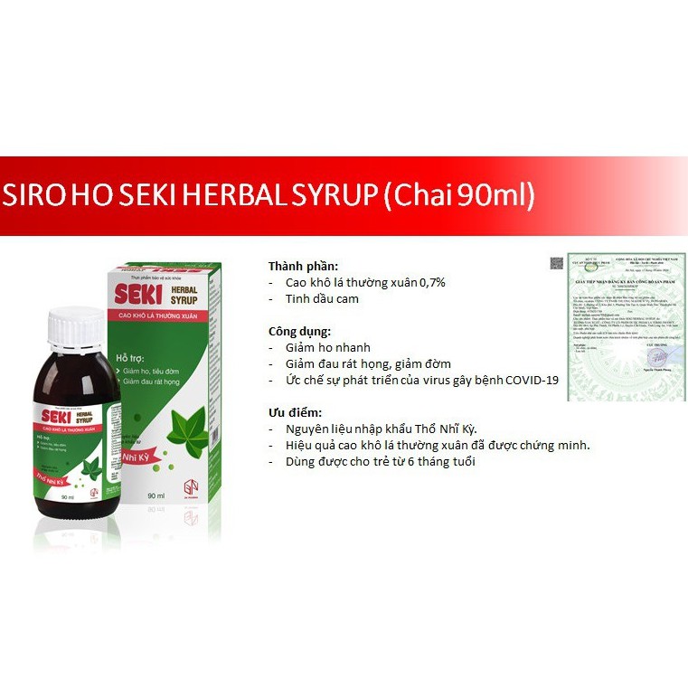 [NL Thổ Nhĩ Kỳ] Siro Giảm ho, đau rát họng Chiết xuất Lá Thường Xuân SIRO SEKI (90ml) | Thế Giới Skin Care