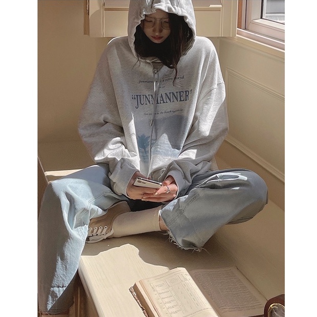 Áo hoodie tay dài dáng rộng màu xám thời trang phong cách Hàn Quốc cho nữ | BigBuy360 - bigbuy360.vn