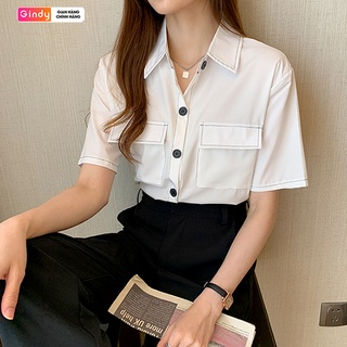 Áo sơ mi nữ form rộng viền chỉ kẻ GINDY chất liệu kaki thời trang công sở học sinh sinh viên thanh lịch A066