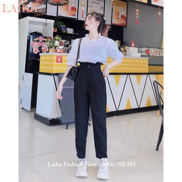 Quần baggy cạp cao bèo công sở xếp ly siêu hot màu Đen vải tuyết mưa dày dặn dáng quần tây nữ công sở đi học lưng cao