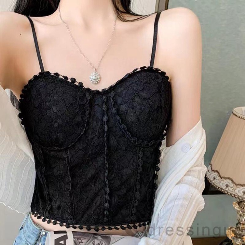 Áo Hai Dây Phối Ren Hoa Màu Trơn Có Đệm Ngực Tháo Rời Màu Đen/Trắng Thời Trang Mùa Hè Cho Nữ nội y xanh chất cực đẹp, sa