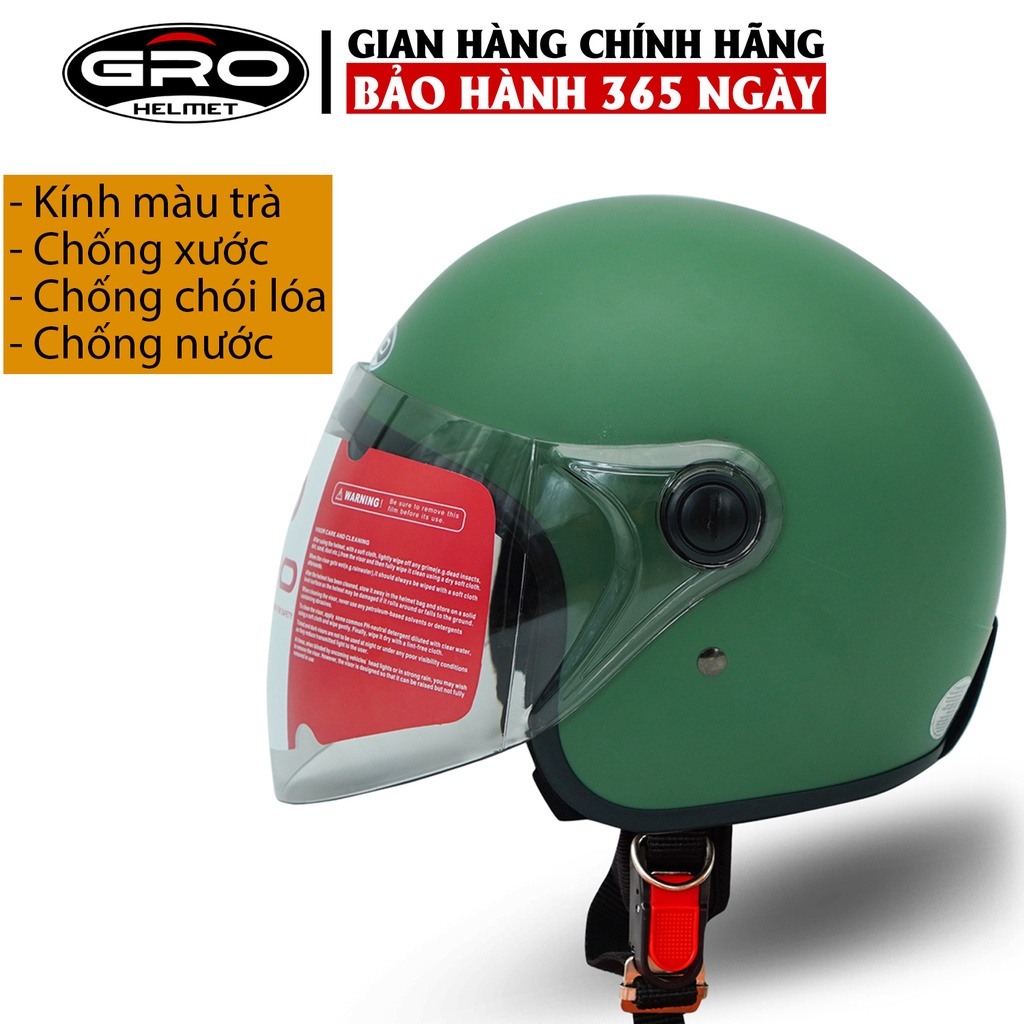 Mũ Bảo Hiểm 3/4 đầu GRO Helmet T818 có kính dài che cả mặt, kiểu dáng thời trang cho nữ, khóa kim loại - Xanh Lục Quân