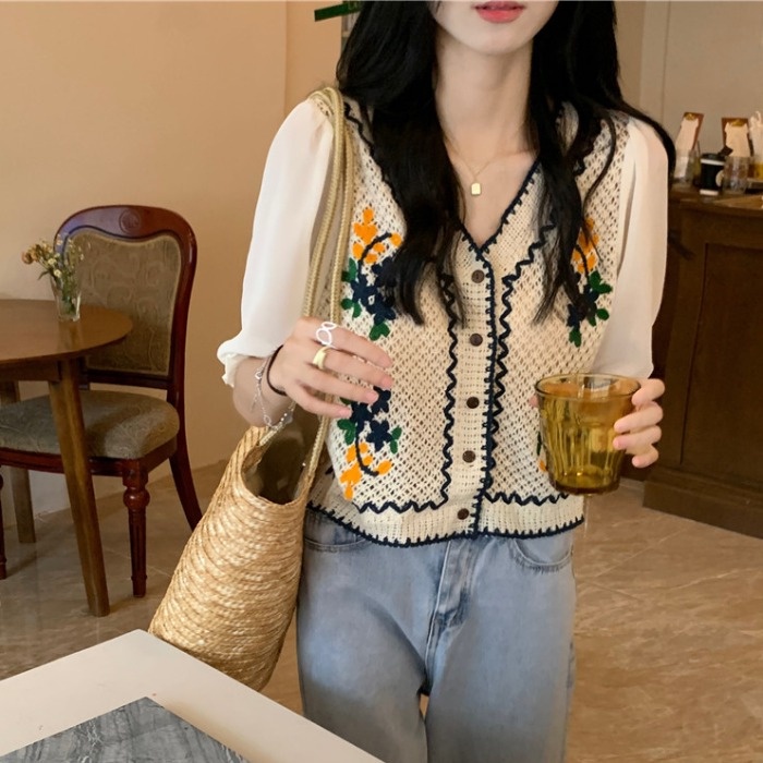 Áo sơ mi ZHELIHANGFEI ngắn tay thêu họa tiết xinh xắn