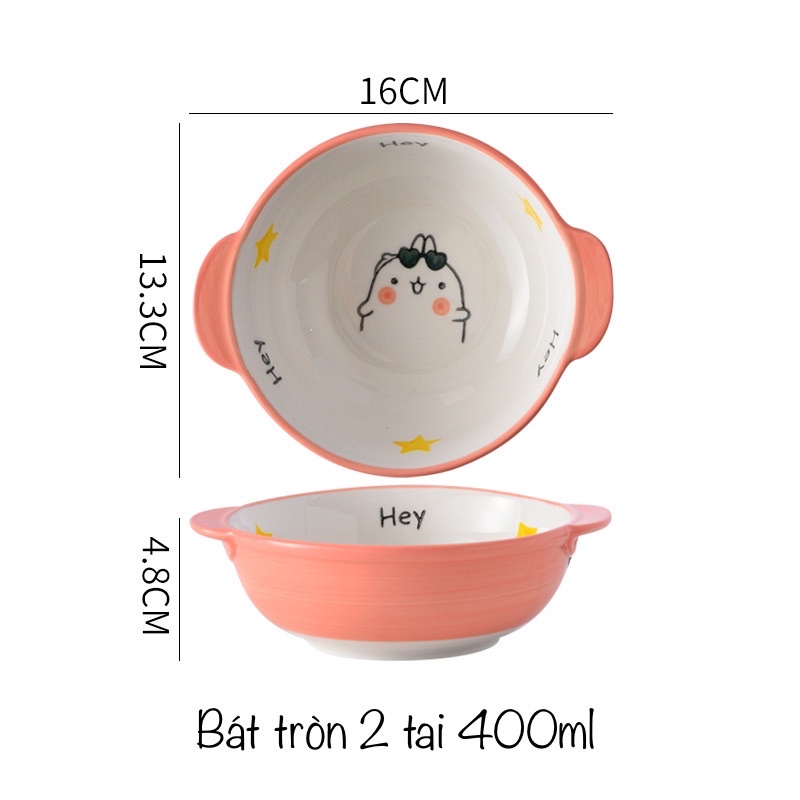 Chén sứ ngộ nghĩnh kèm thìa, bát ăn cháo, cơm cho bé, bát chè hình thú có 2 tai cầm siêu xinh